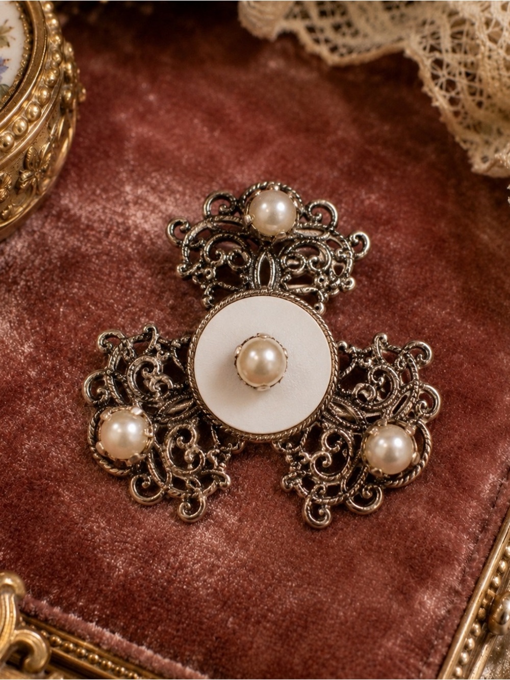 Vintage Filigree Faux Pearl & White Enamel Victorian Revival Brooch Pin